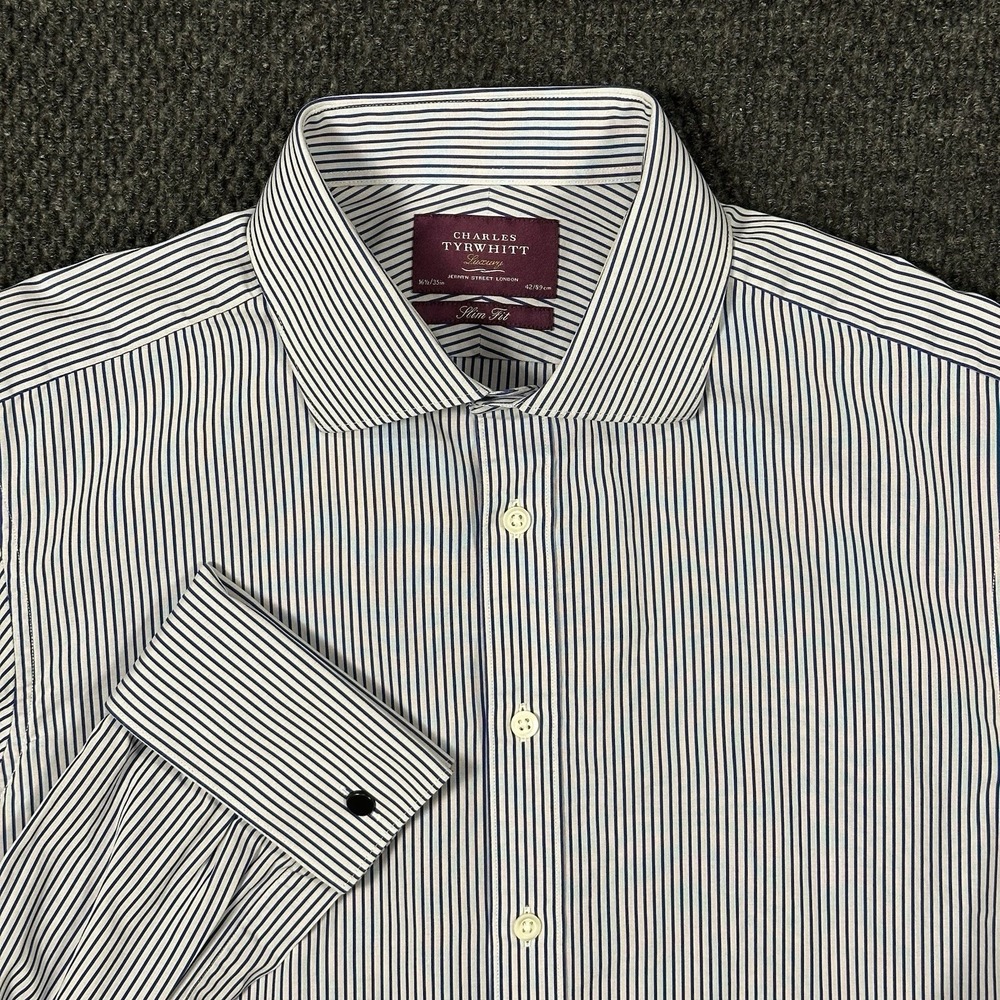 Charles Tyrwhitt Luxury Mens Dress Shirt 16.5 35 Slim Fit French Cuff Striped